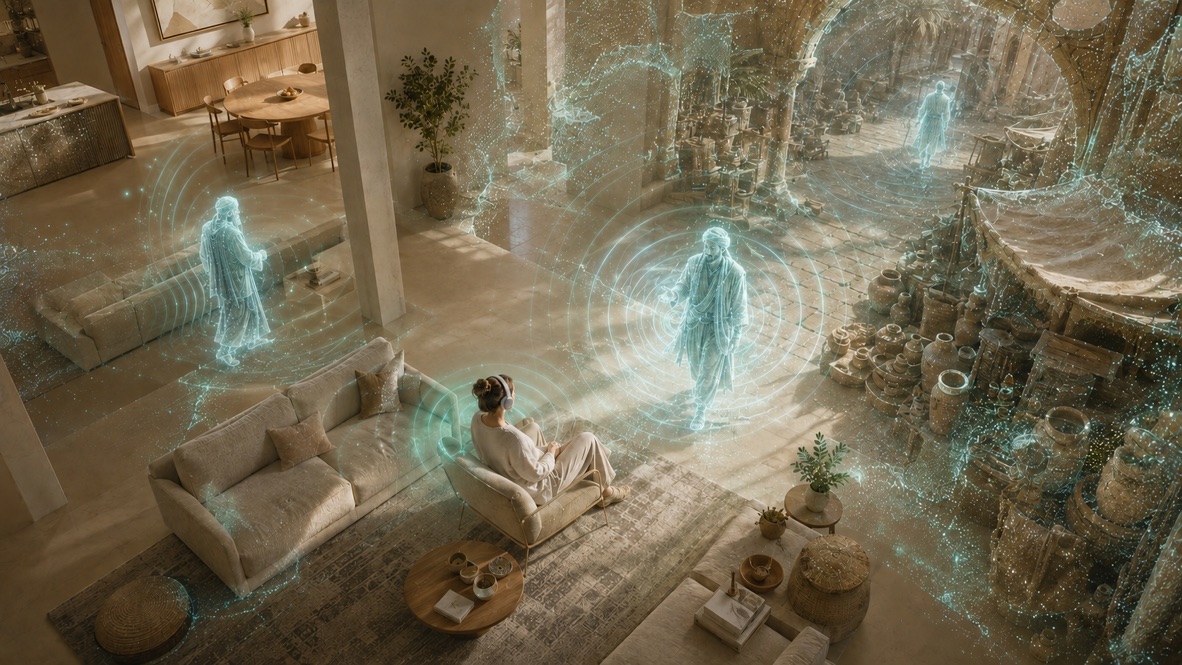 A listener surrounded by characters moving through an adaptive spatial soundscape
