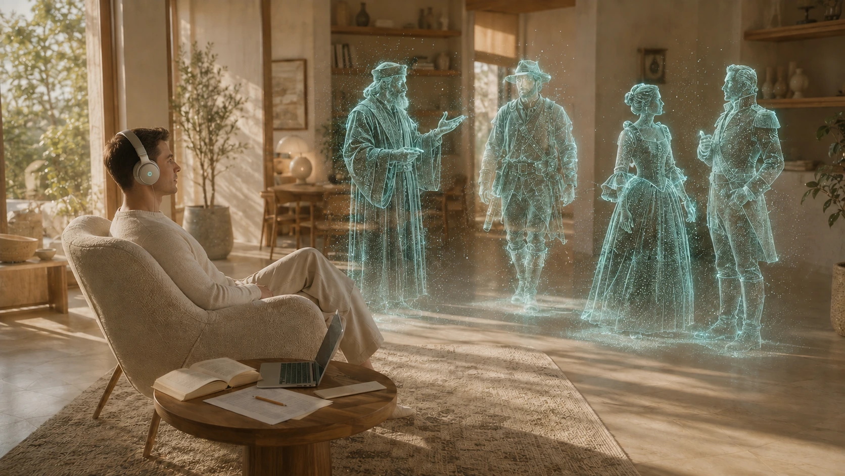 A listener shaping a cast of historical characters from source material in a living audio world